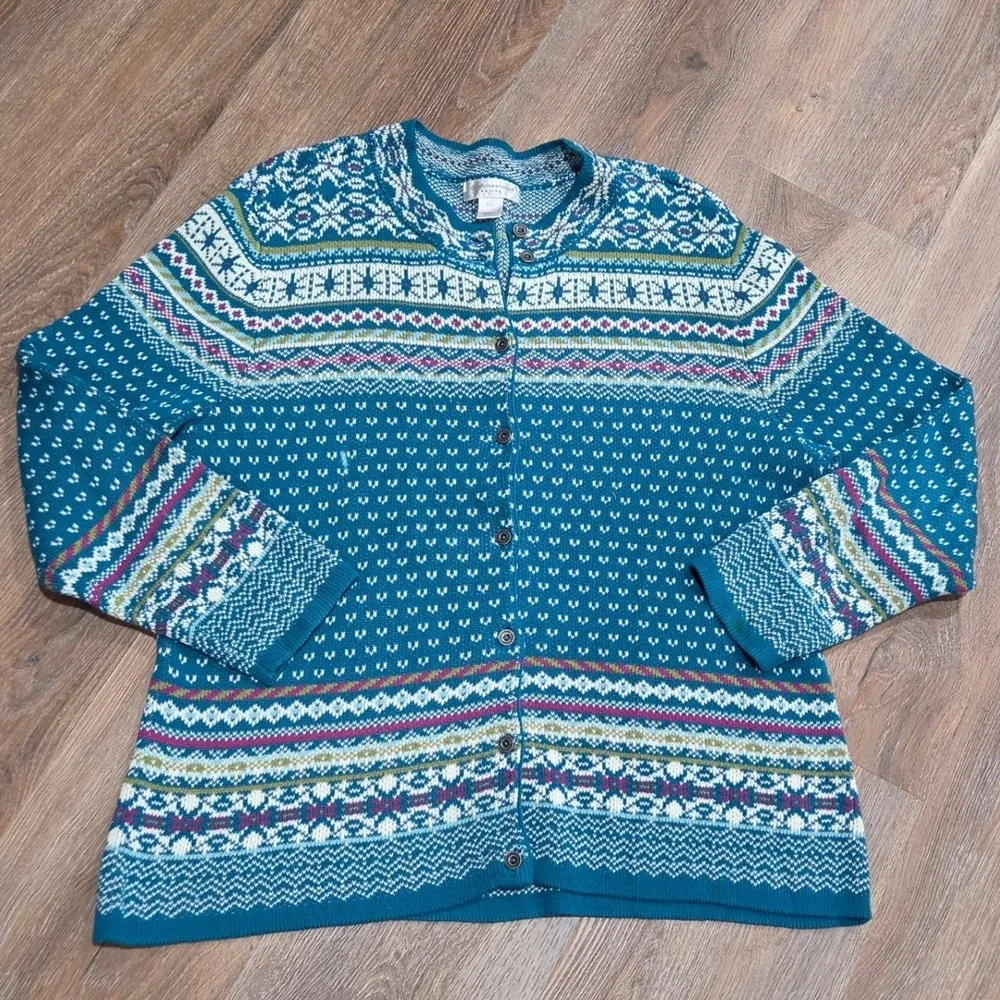 Christopher & Banks Petite Teal Fair Isle Cotton Cardigan Sweater P/L 69957
